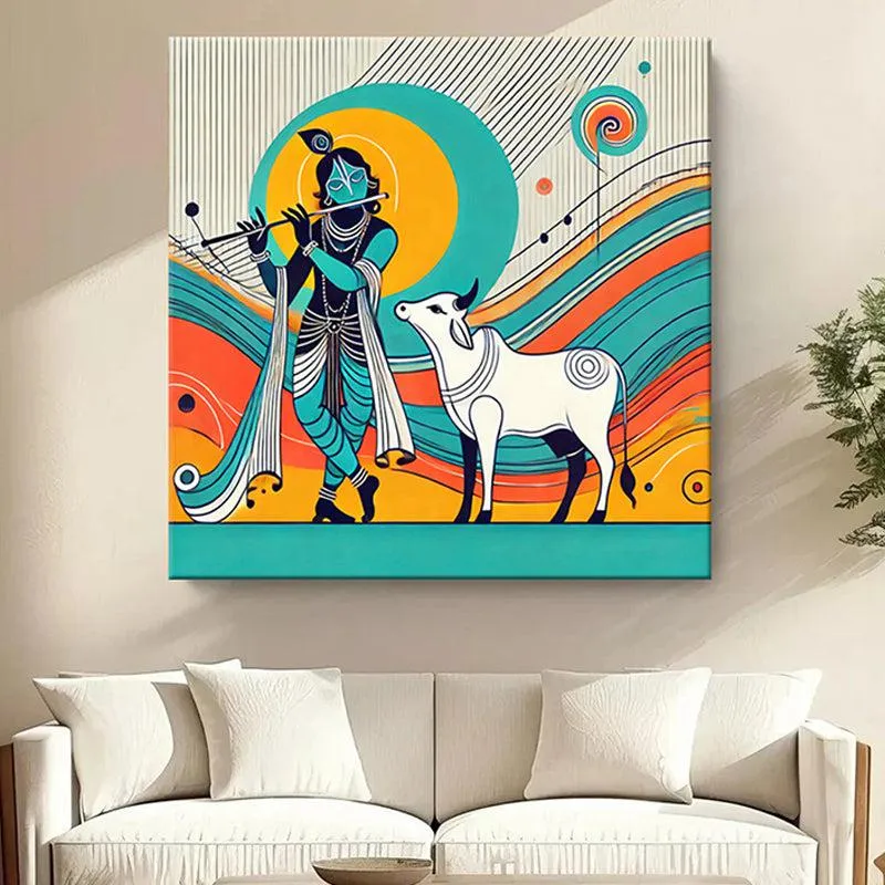 Sacred Krishna And Cow Wall Painting media 1