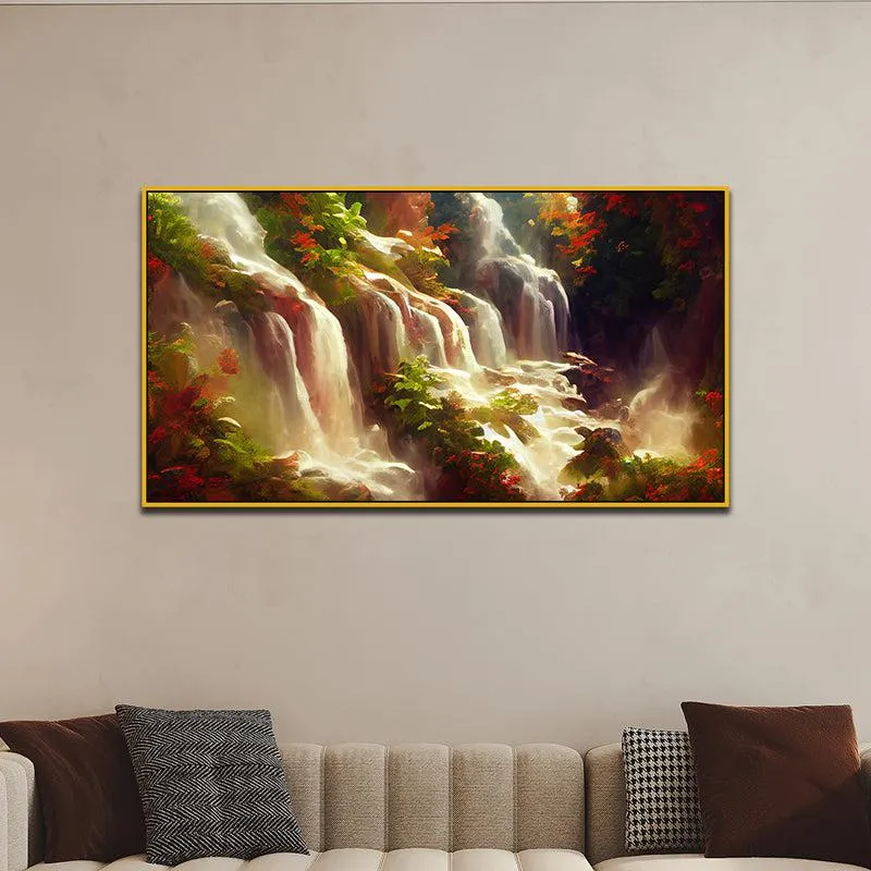 Autumn Waterfalls Landscape Canvas Wall Painting With Frame - Gold media 1