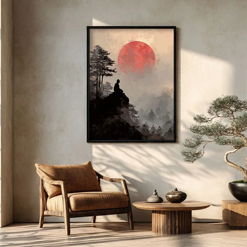 Crimson Sun IV Over Silent Peaks Wall Painting With Black Frame media 1