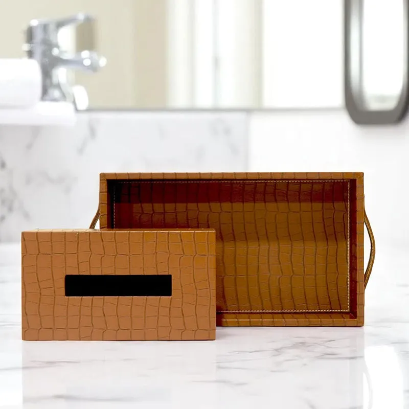 Liora Faux Leather Tray With Tissue Holder (Tan) - Two Piece Set media 1