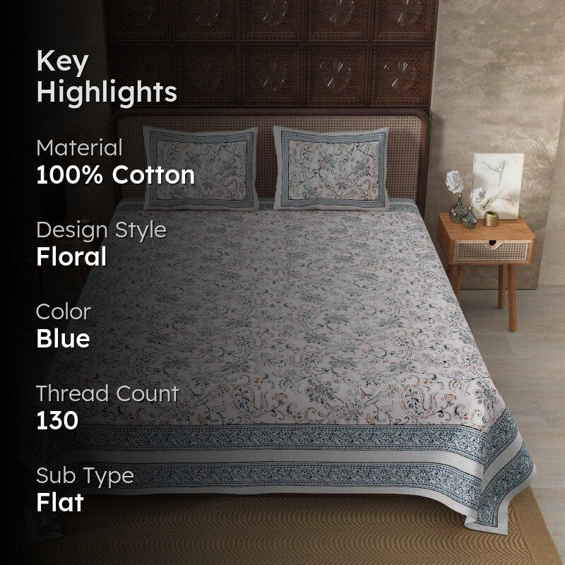Aari Floral Cotton Bedsheet (Blue) - 130 TC media 2