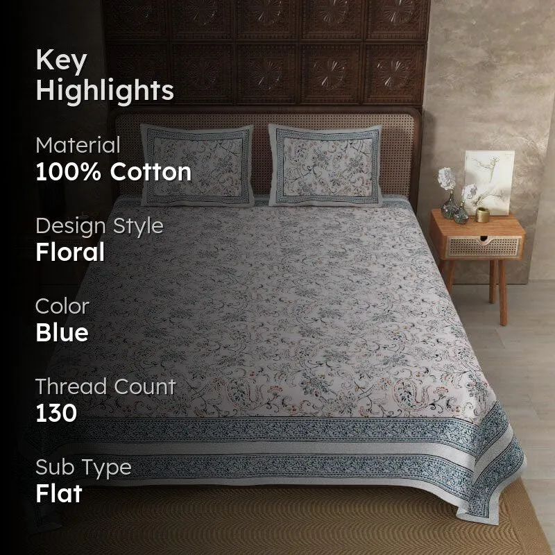 Aari Floral Cotton Bedsheet (Blue) - 130 TC media 2