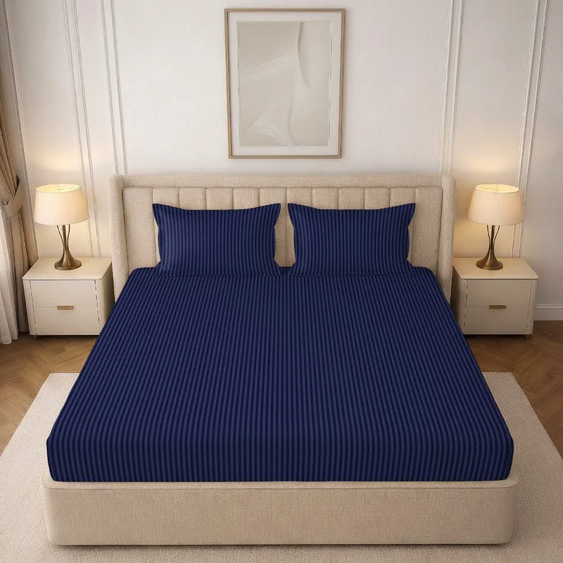 StripeScape Glace Cotton Fitted Bedsheet (Navy) - 130 GSM - 5