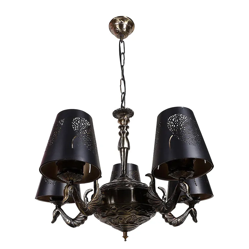 Front view of an antique-style chandelier with black etched shades on a white background