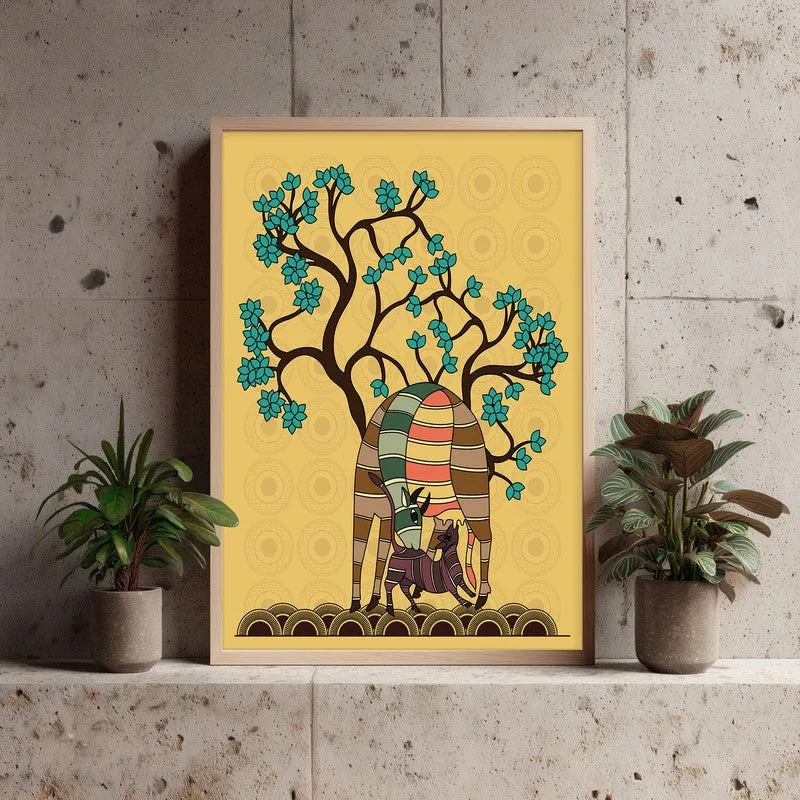 Deer And Fawn Framed Gond Canvas Archival Canvas Wall Painting - Natural Brown Frame media 3