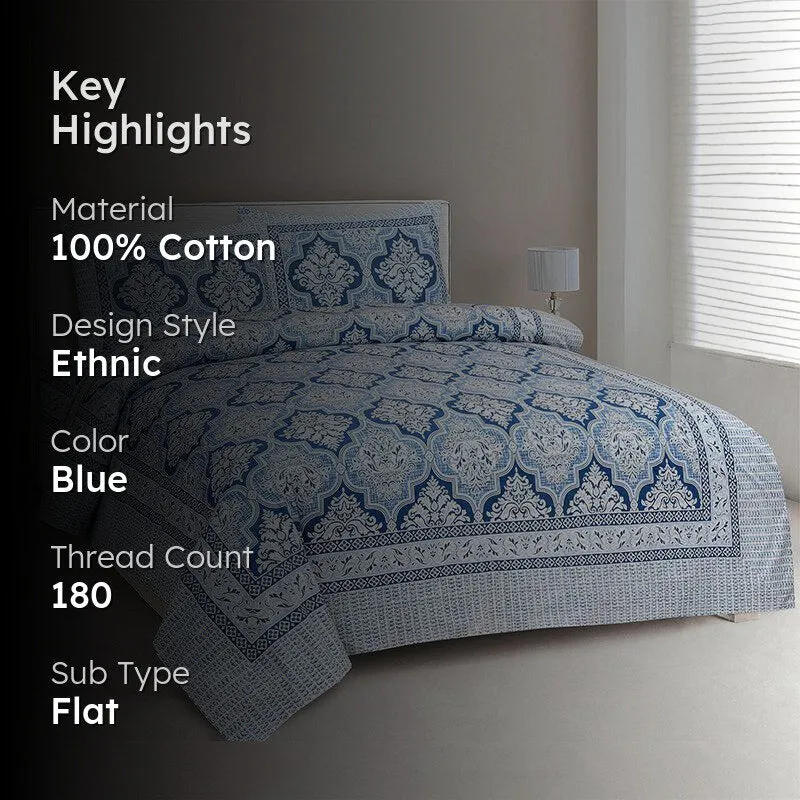 Buddhi Ethnic Cotton Bedsheet (Blue) - 180 TC media 2