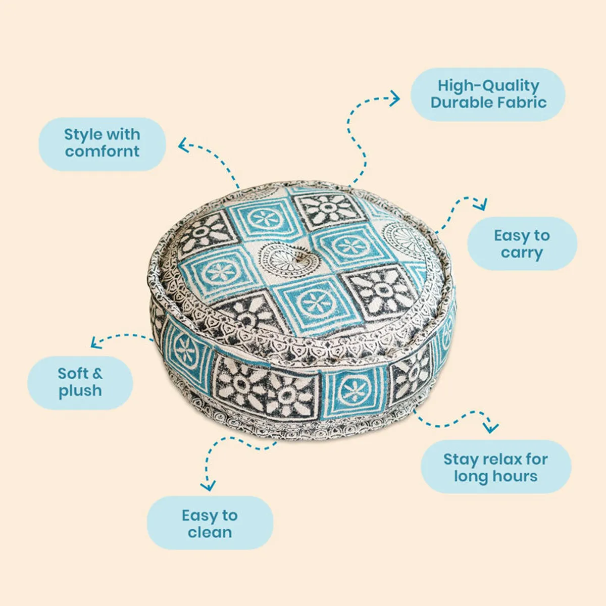 Round blue and cream floor cushion shown against a plain background.