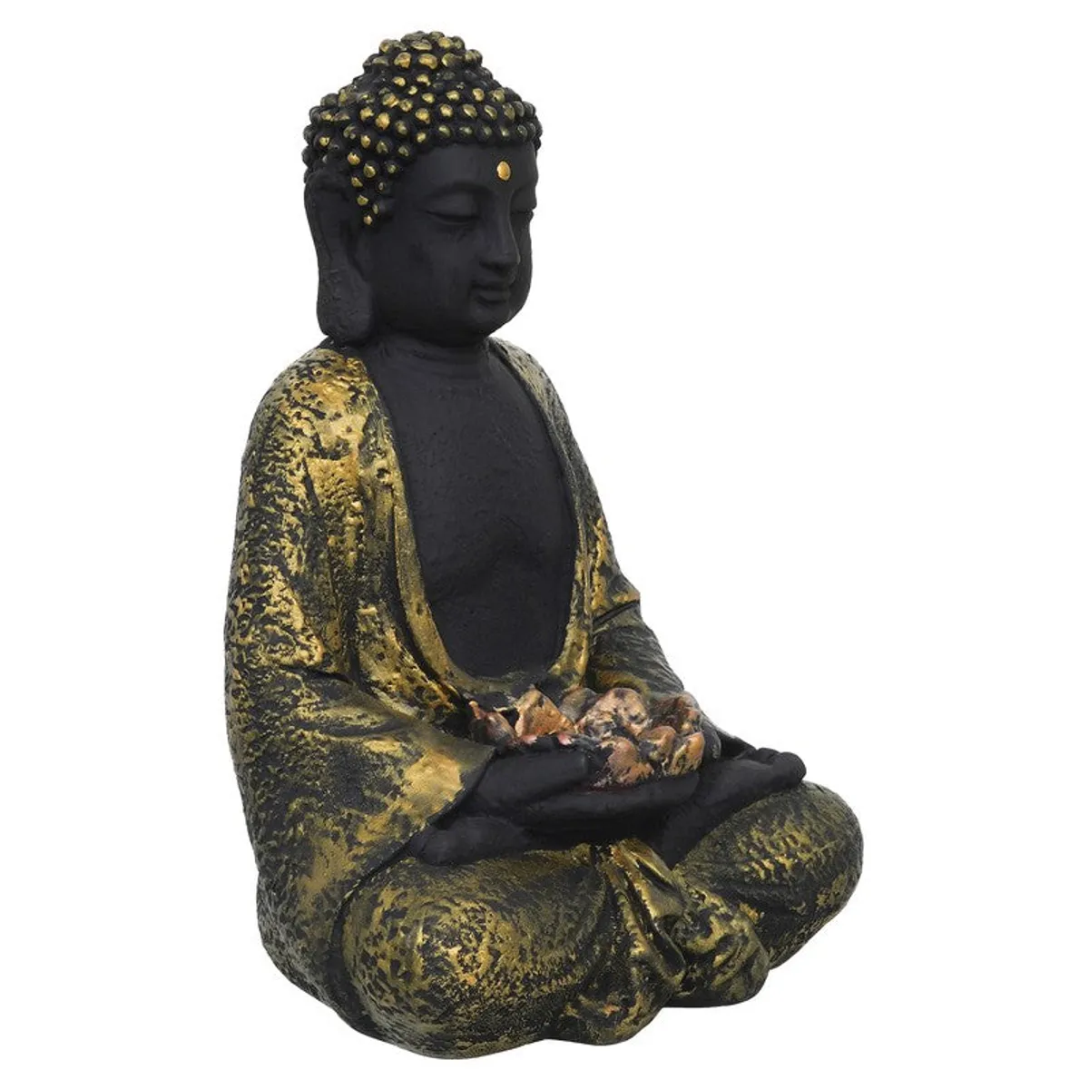 Side studio view of a black and gold Buddha tea light candle holder