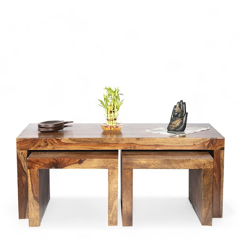 Davenox Sheesham Wooden Center Table with Stools (Brown) - Three Piece Set media 3
