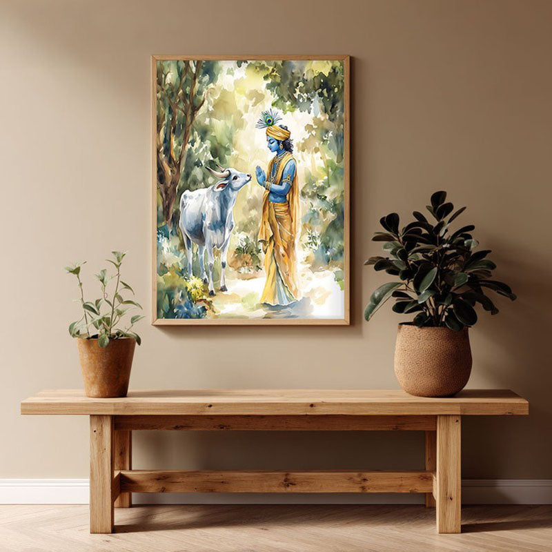 Shri Gopala Krishna Spiritual Archival Paper Wall Painting - Natural Brown Frame