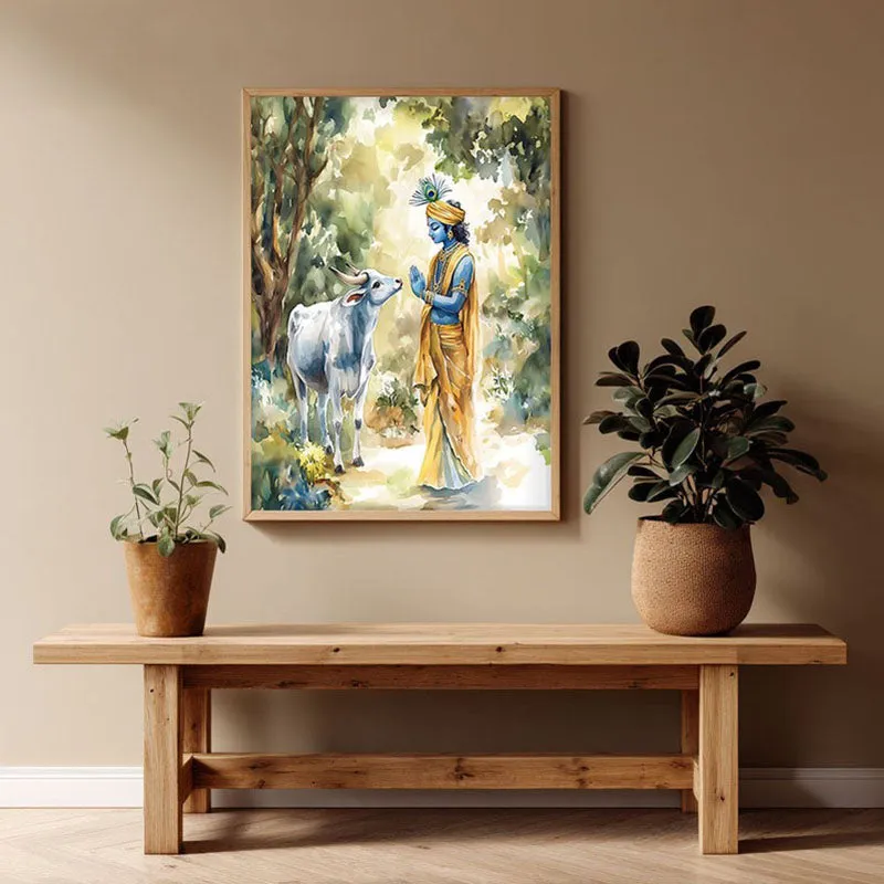 Shri Gopala Krishna Spiritual Archival Paper Wall Painting - Natural Brown Frame media 1
