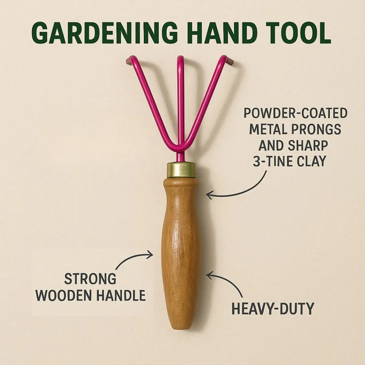 Pink three-pronged garden cultivator shown against a light background with a wooden handle.