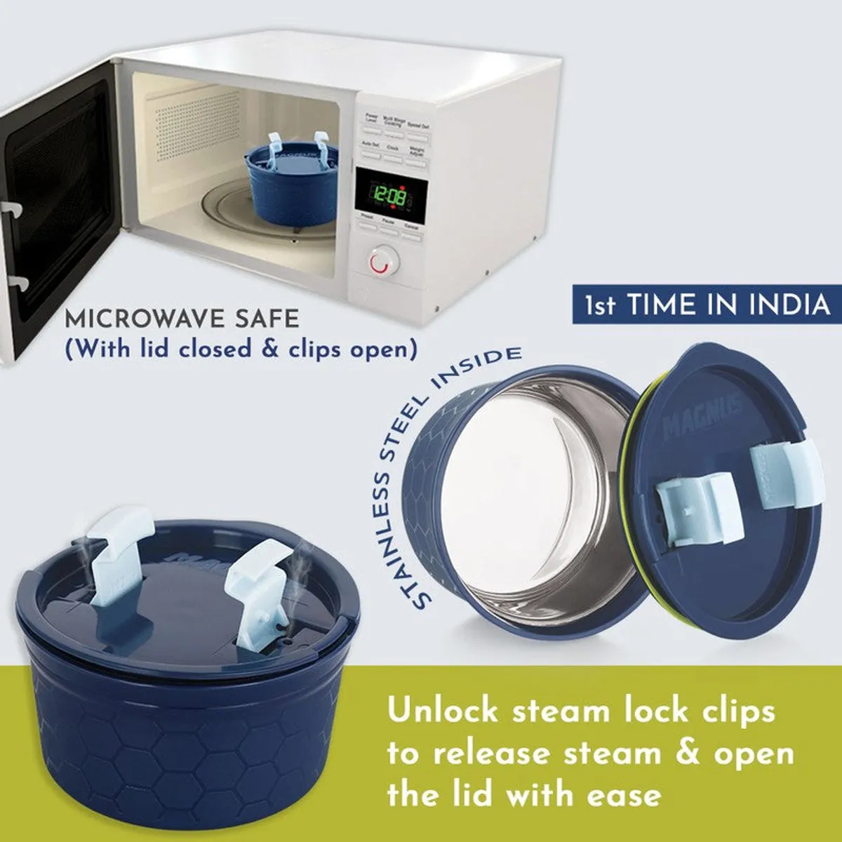 Dark blue lunch container shown inside a microwave with its lid and clips visible