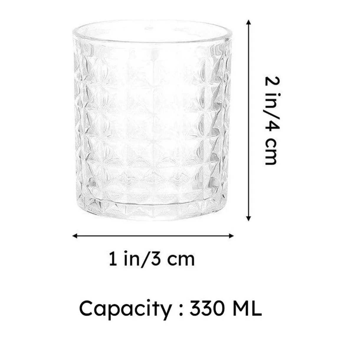 Clear geometric-textured whiskey glass shown with dimensional detail