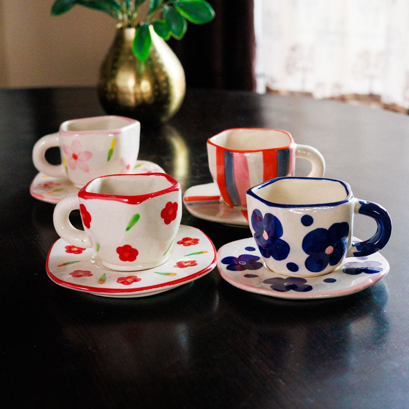 Sip Of Spring Cup & Saucer (200 mL Each) - Set of Four