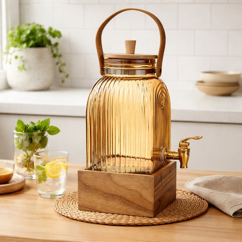 Glass Drink Dispenser with Wooden Stand (3000 Ml) - Two Piece Set - 3000 ML