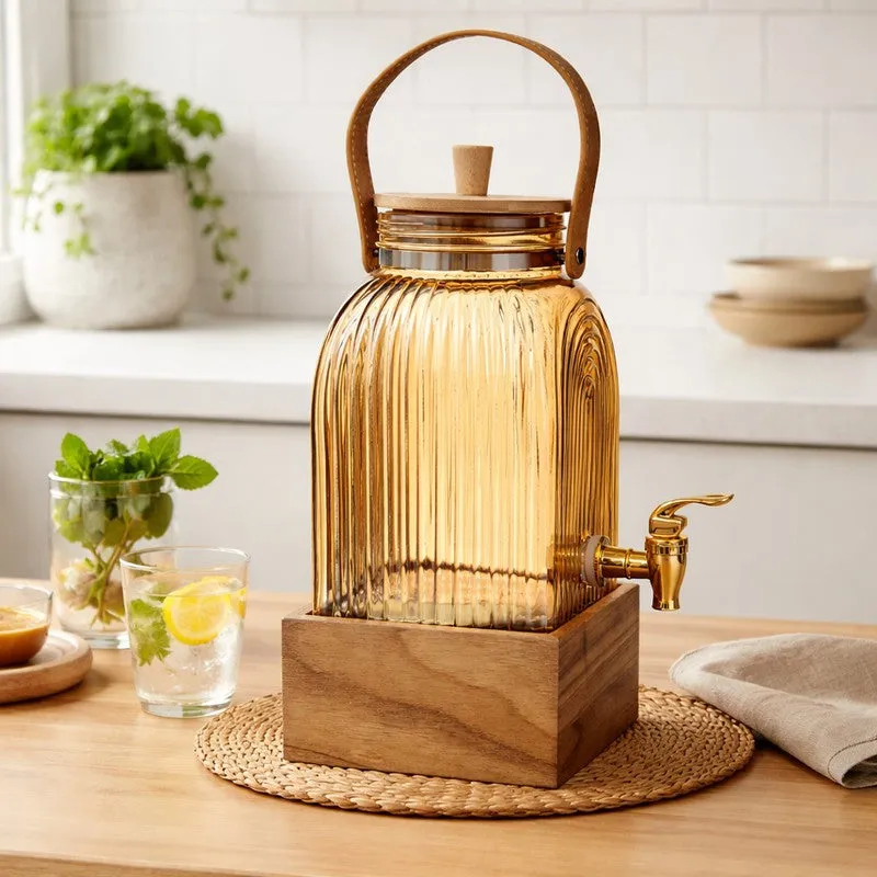 Glass Drink Dispenser with Wooden Stand (3000 Ml) - Two Piece Set media 1