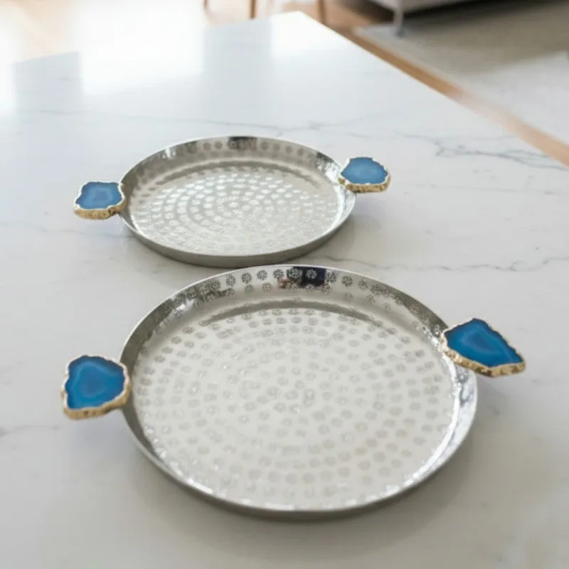 Samitha (Aluminum,Agate) Platter With Agate Decoration (Blue) - Set of Two media 3