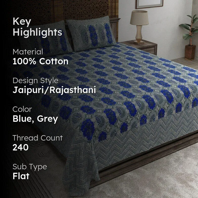 Floraum Cotton Bedsheet (Blue,Grey) - 240 TC media 2