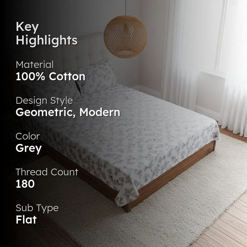 Borva Geometric Cotton Bedsheet (Grey) - 180 TC media 2