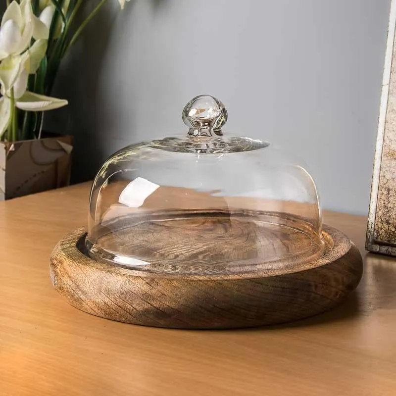 Marito Dessert Platter with Glass Cloche - Natural Wood media 1