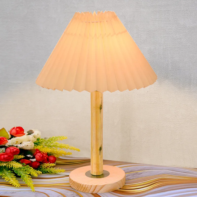 French Pleat Wooden Table Lamp - Beige,Brown media 1