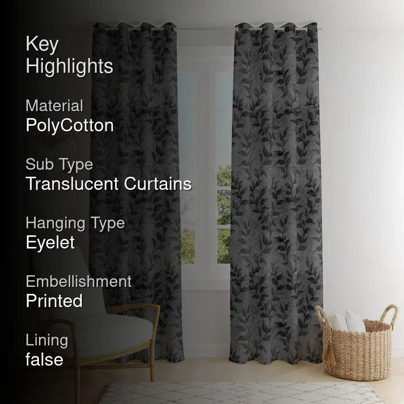 Lifestyle view 2: Noor Jacquard Single Curtain (Charcoal), Grey, PolyCotton, Jungle / Tropical, and Translucent curtain