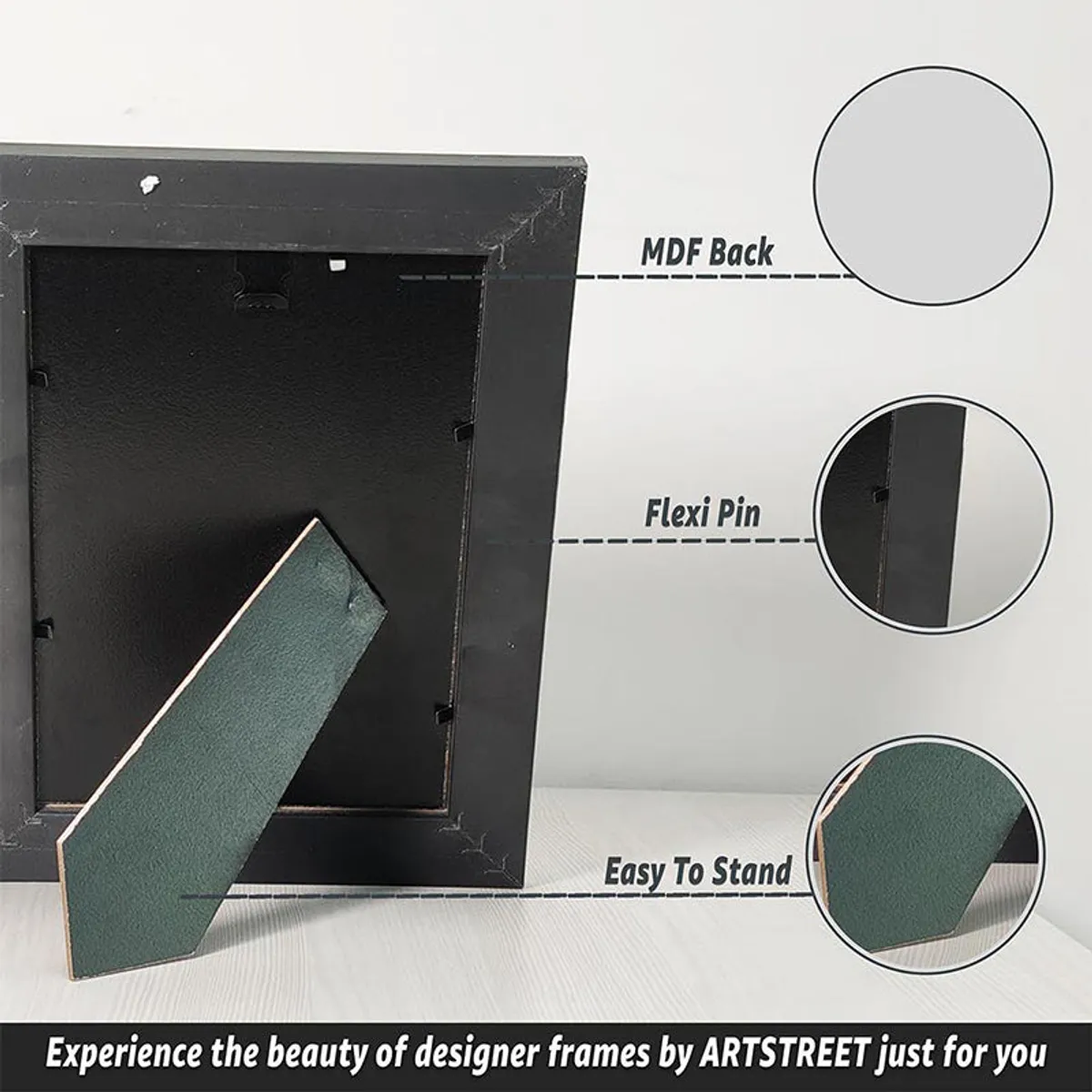 Back of a black frame showing flexi pins and a fold-out tabletop stand.