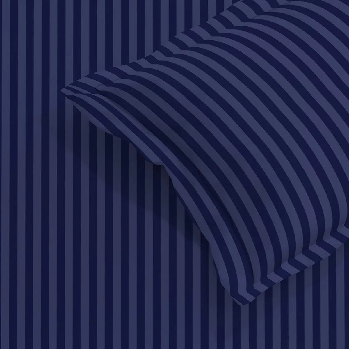 Close-up of navy striped fabric with a matching pillow cover