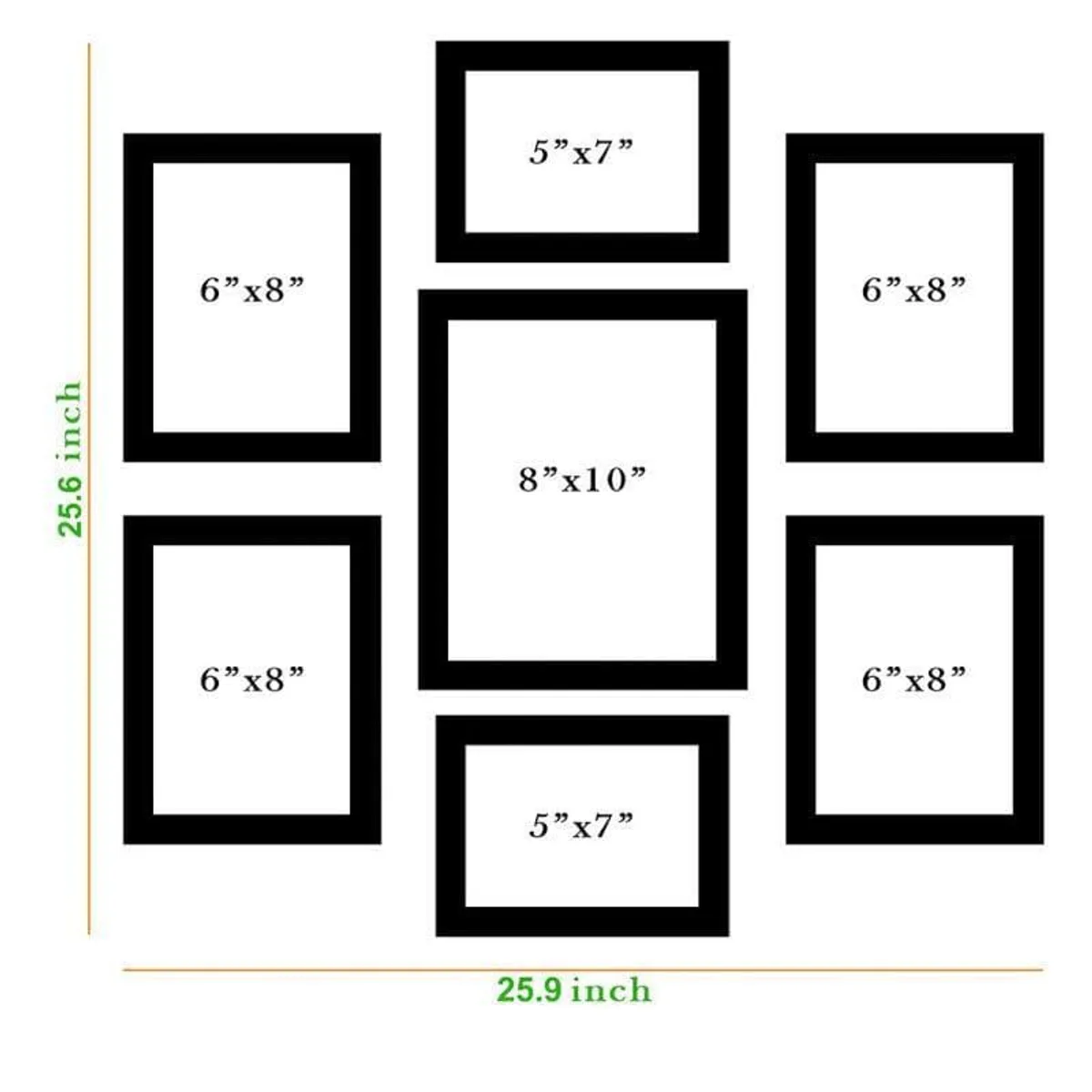 Layout diagram showing a seven-frame wall art arrangement in mixed portrait and landscape orientations.