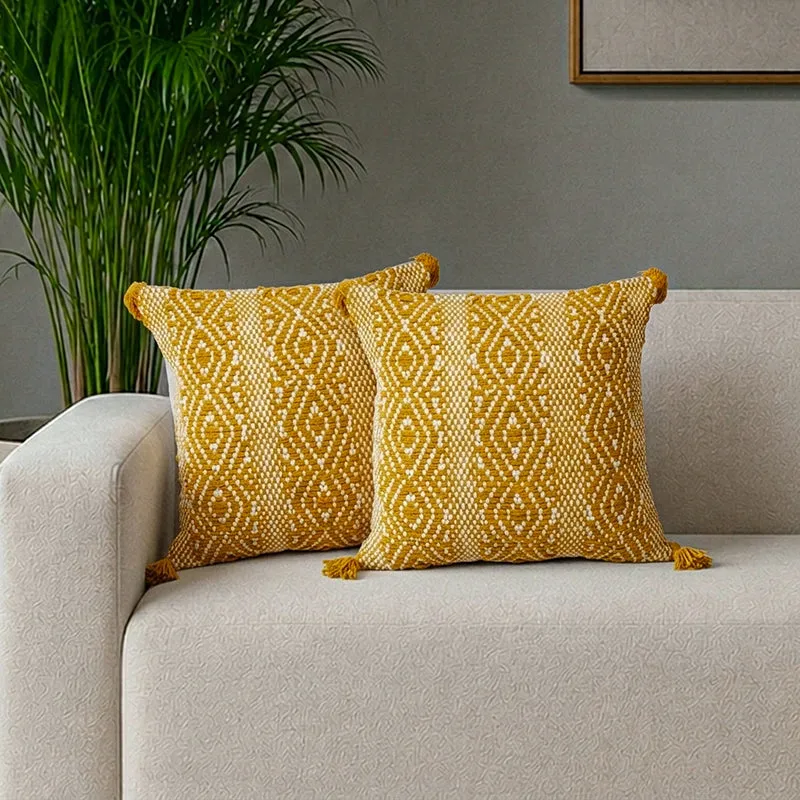 Yellow Diamond Cotton Cushion Cover - Set Of Two media 1