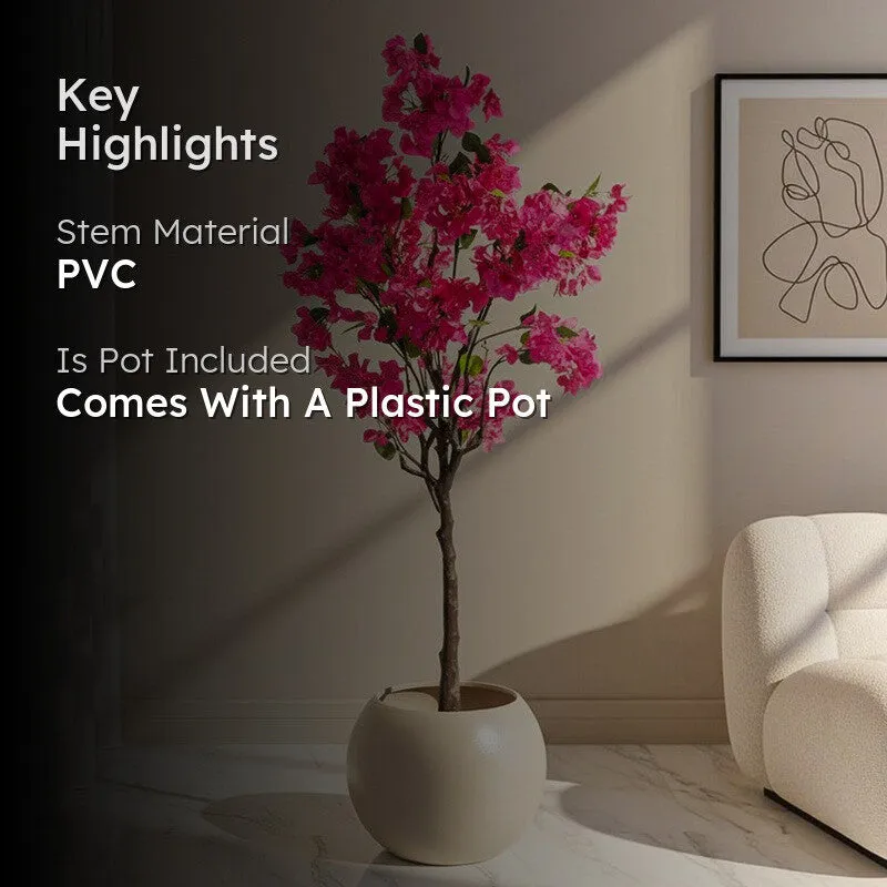 Pink artificial bougainvillea in a living room with material highlights