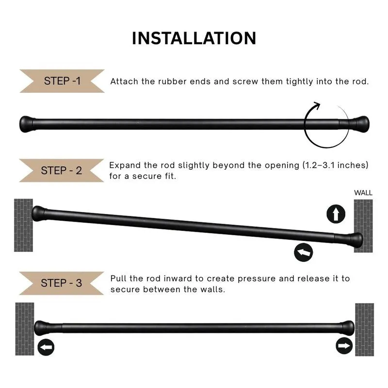 Slide Fit Extendable Metal No Drill Curtain Tension Rod - Black - 6
