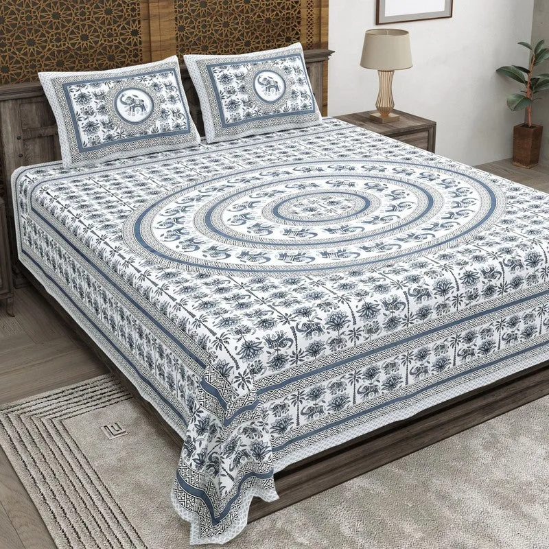 Petalel Cotton Bedsheet (White,Blue) - 240 TC media 1