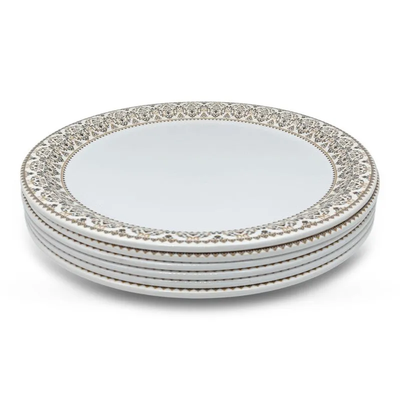 Stack of six white dinner plates with ornate gold and grey patterned rims