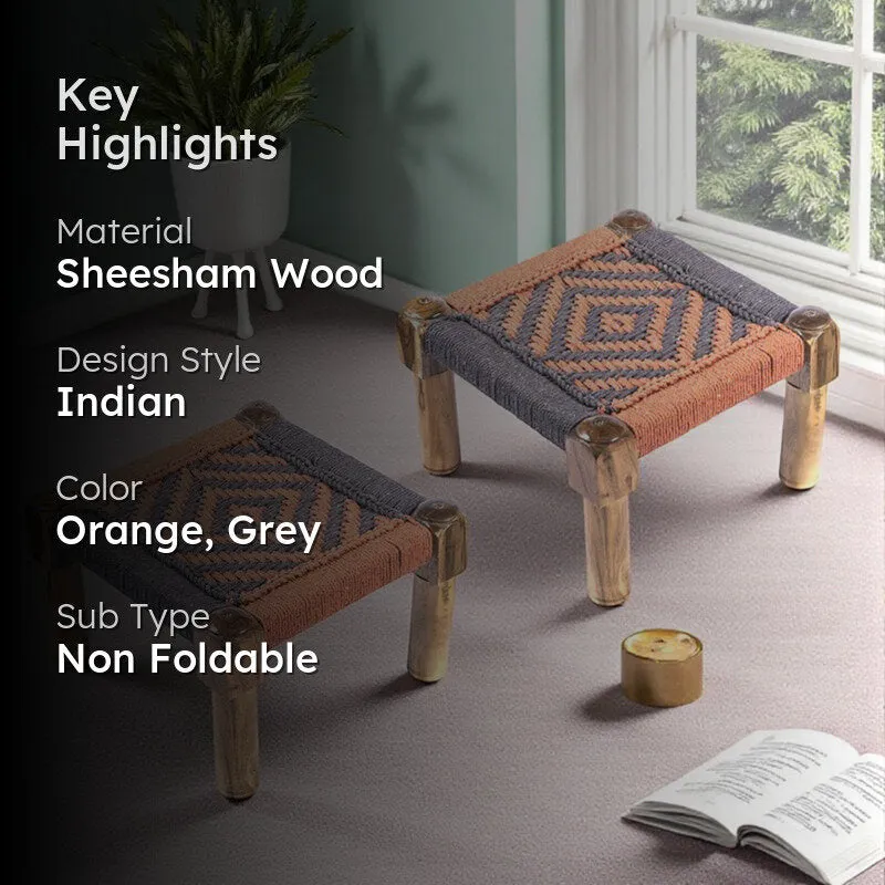 Hirox Sheesham Wooden Stools (Orange,Grey) - Set Of Two media 2