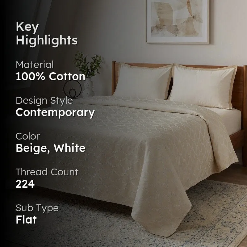 Ivory bedsheet on bed with key highlights text overlay