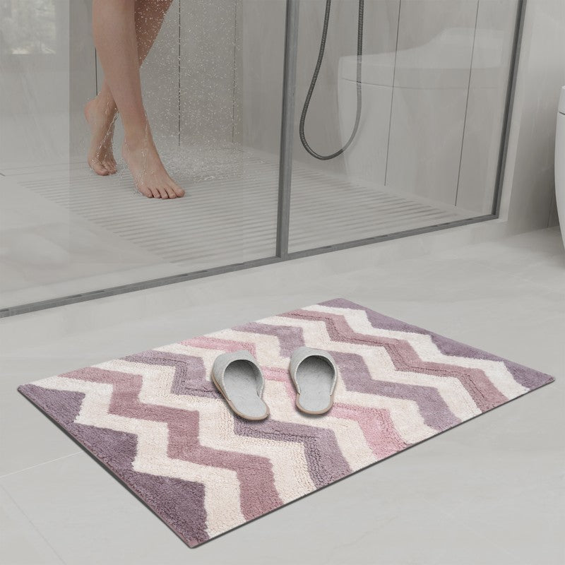 Steplyn Chevron Cotton Bath Mat - Pink & Off White media 3
