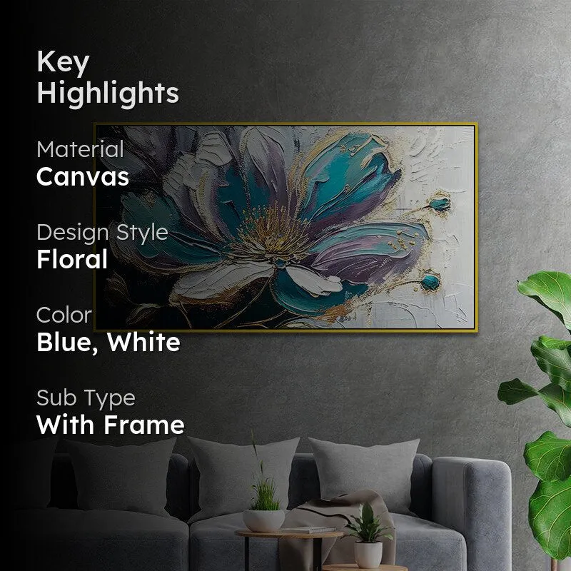 Shades Of Blue Brushstrokes Floral Canvas Wall Painting With Frame - Gold media 2