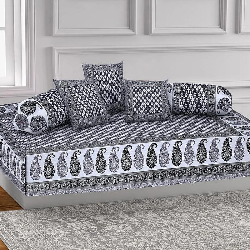 Suvarna Printed Diwan Set (Grey) - Six Piece Set media 1