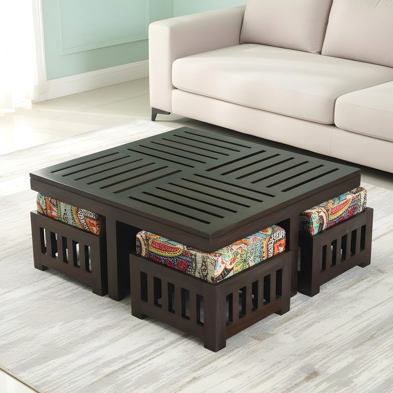 Hexiron Sheesham Wooden Center Table with Stools and Cushions (Brown) - Nine Piece Set