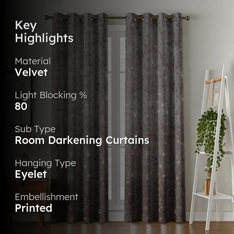 Glow Touch Printed Velvet Curtains (Grey,Gold) - Set Of Two media 2