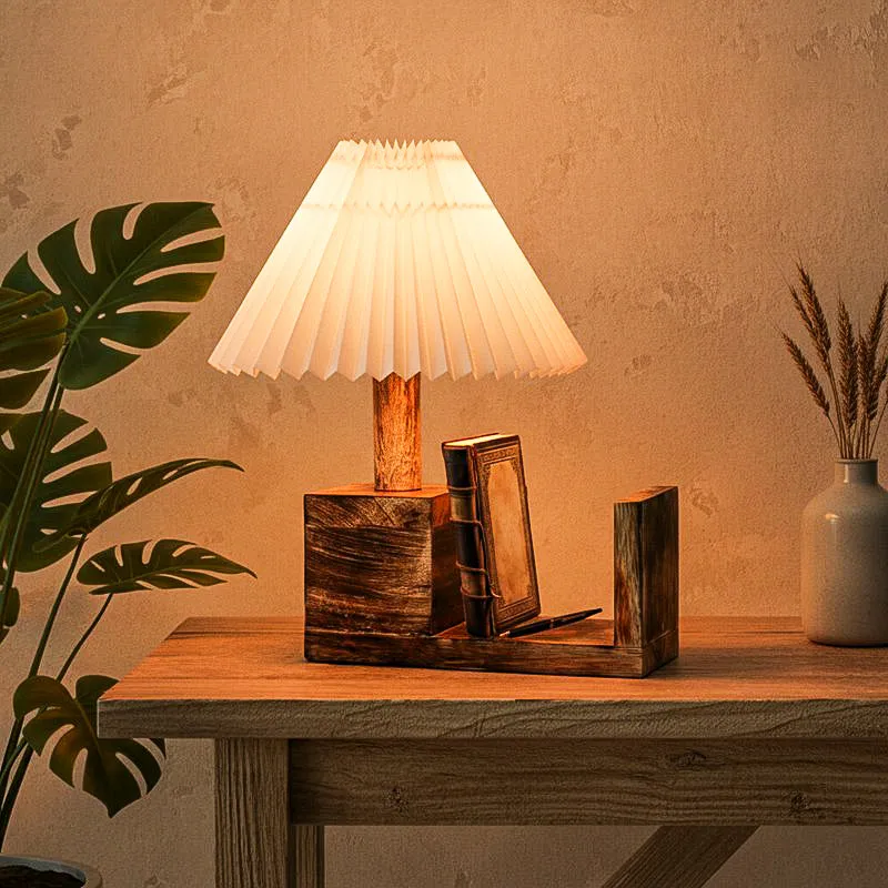 Sentry Pleated Fabric Table Lamp - Ivory,Brown media 1