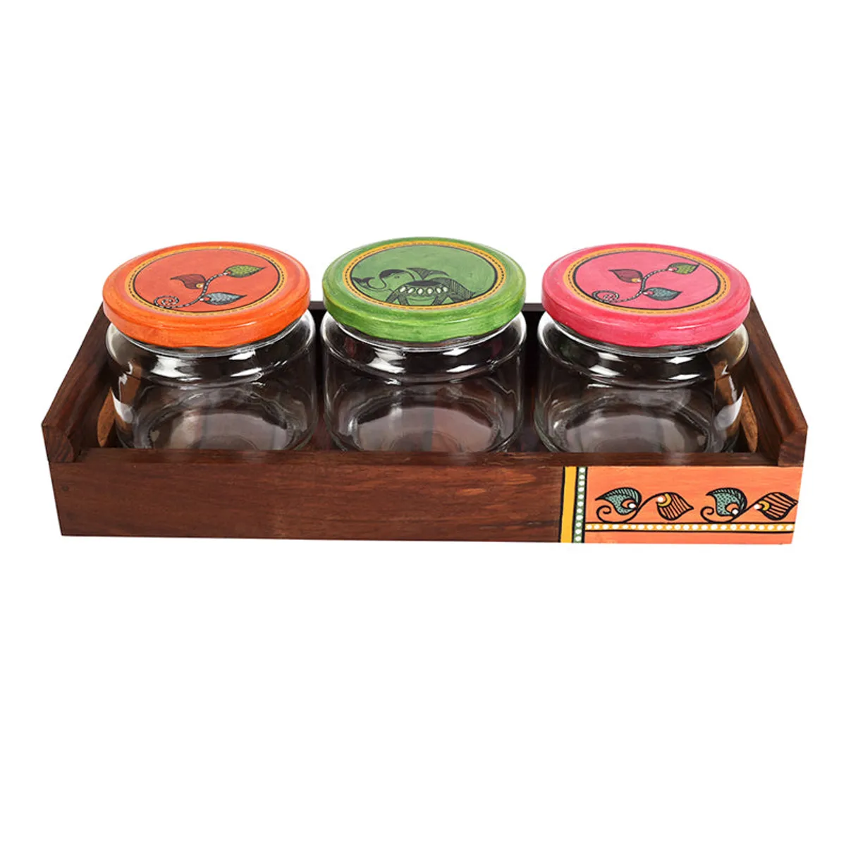 Three colourful-lidded jars arranged in a brown wooden tray