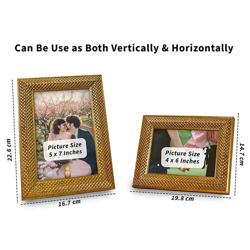 Two gold frames shown in portrait and landscape orientations.