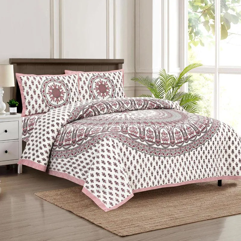 Navika Ethnic Cotton Flat Bedsheet (White & Pink) - 160 TC media 1