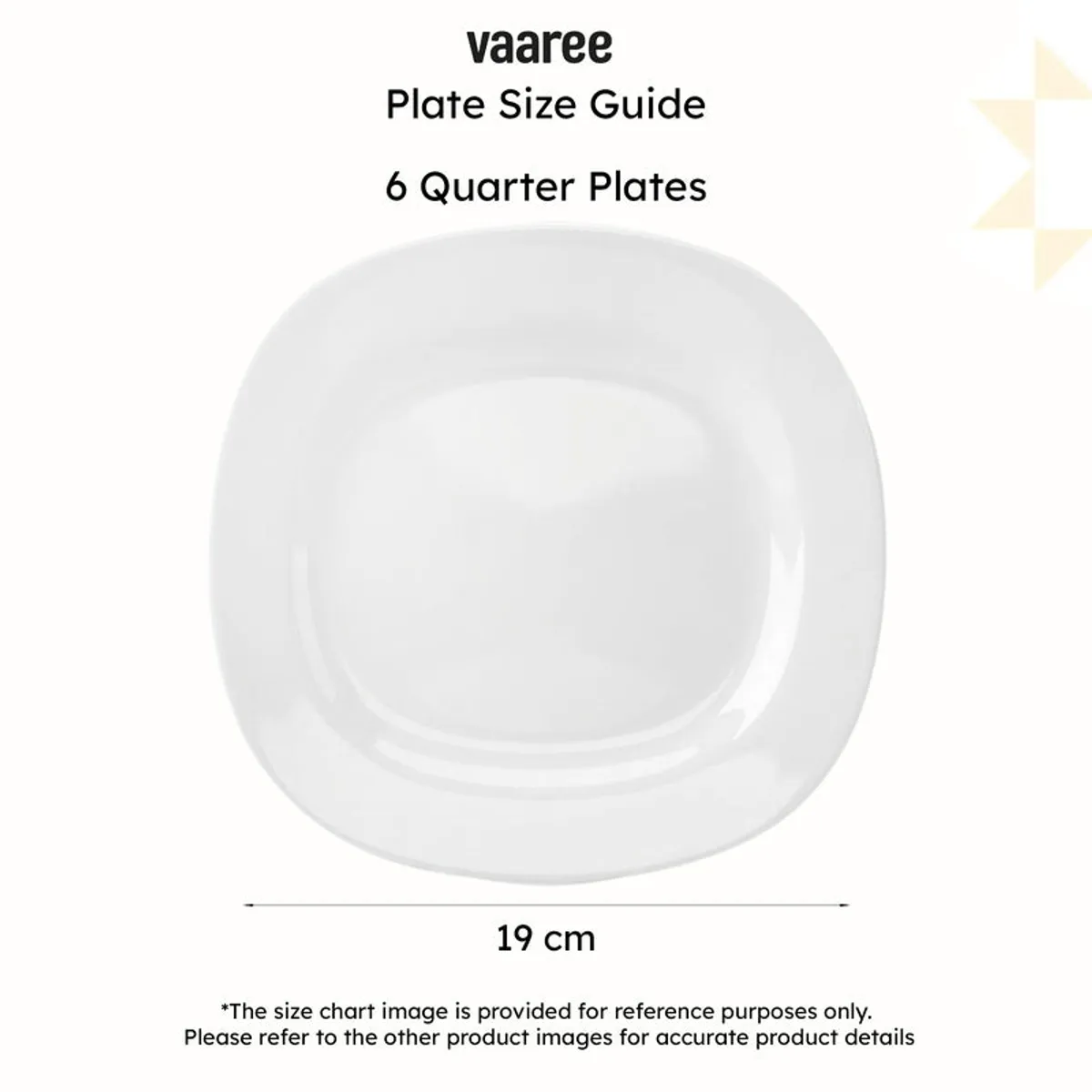 Square quarter plate shown in a size guide with a 19 cm width reference