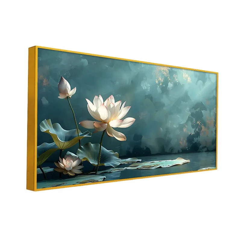 Lotus Of Tranquil Waters Floral Canvas Wall Painting With Frame - Gold media 3