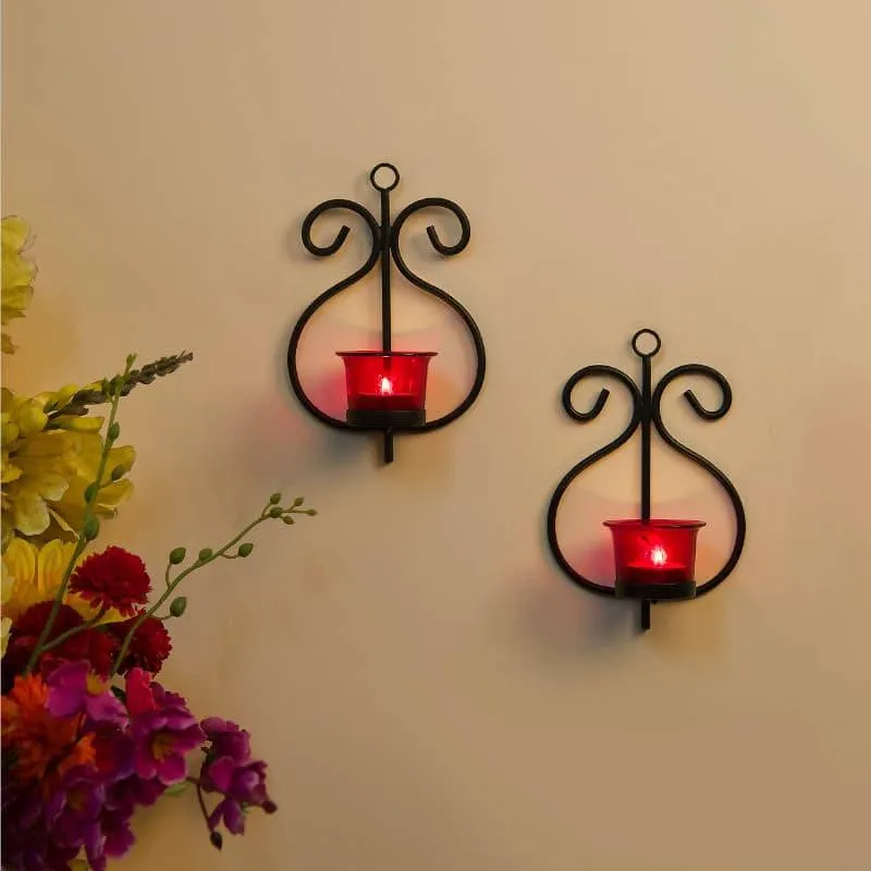 Seina Black Frame Sconce Candle Holder (Red) - Set Of Two media 1