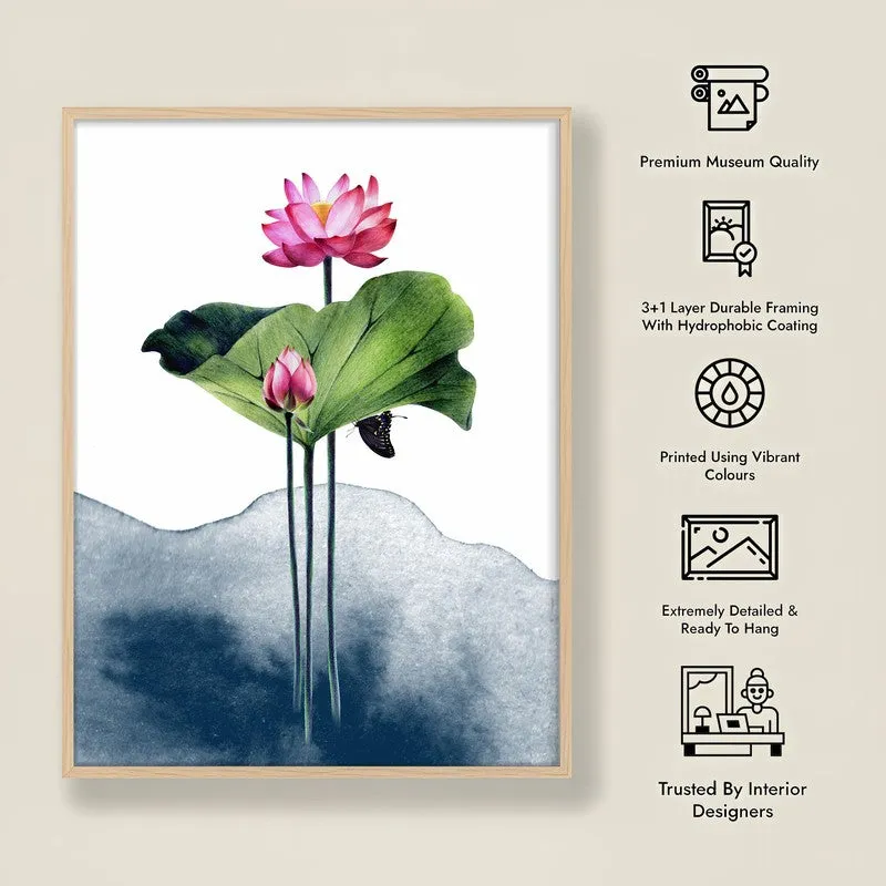 Watercolor Lotus Archival Paper Wall Art  - Natural Brown Frame media 9